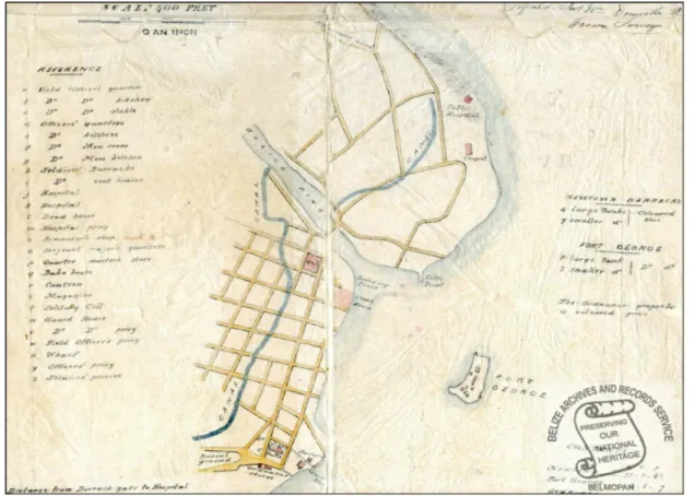 Figure 1: Map of Belize City, 1841. Note that the later-constructed South Side possesses a  grid plan,  in contrast to the earlier-constructed North  Side