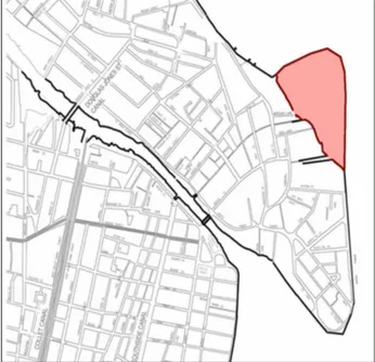 Figure 3: Reclaimed land (orange) to the north of Fort George, constructed in the 2000s
