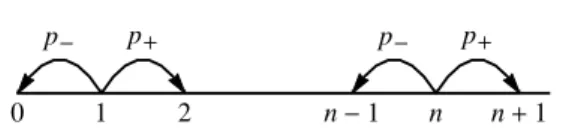 Fig. 7.3. The transition probabilities p + , p − , in the case of constant transition probabilities, i.e., p + (n) = p + , and p − (n) = p − for all n ∈ Z +
