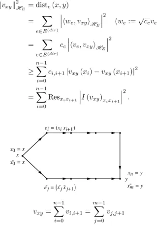 Fig. 3.1. Two finite paths connecting x and y, where e i = (x i x i+1 ) , e e j = (e x j x e j+1 ) ∈ E