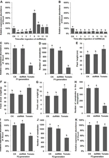 Fig 8. Persistence and inheritance of Rs-crt silencing induced by RNAi. The recovery of Rs-crt expression in Radopholus similis at different times after soaking in Rs-crt dsRNA for 36 h (A) and in R