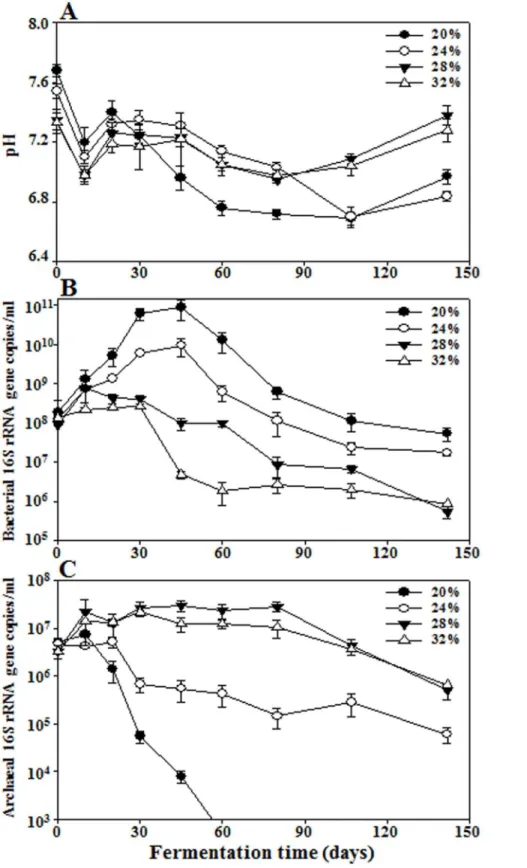 Figure 1. Profiles of pH (A) and bacterial (B) and archaeal (C) 16S rRNA gene copies in saeu-jeot samples with 20%, 24%, 28%, and 32% salt concentrations during saeu-jeot fermentation