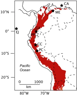 Fig. 1. Map of western South America showing the tropical Andes (in red) and the locations of records discussed in the text (EJ, lake of El Junco; CA, Cariaco Basin; ME, Andes of Merida; GA, bog of Guandera; PP, bog of Papallacta; CC, Cascayunga Cave, PC, 