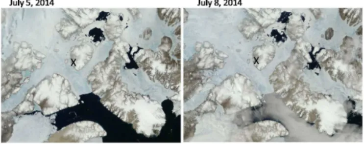 Figure 2. Satellite images from 5 July when LA clouds were sam- sam-pled over the two polynyas to the north and from 8 July when LA clouds were sampled along Lancaster Sound