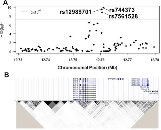 Figure 2. Multiple variants at the BIN1 locus are strongly associated with AD. A) Meta-analysis for all sample sets (including Pfizer, ADNI, GenADA, Harold and QFP) at the chr2 region (500 kb upstream and downstream of BIN1 )