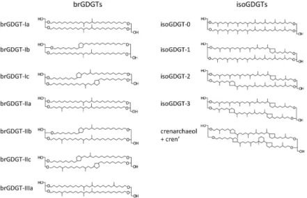 Figure 1. Molecular structures of the brGDGTs and isoGDGTs monitored during the incubation experiment.