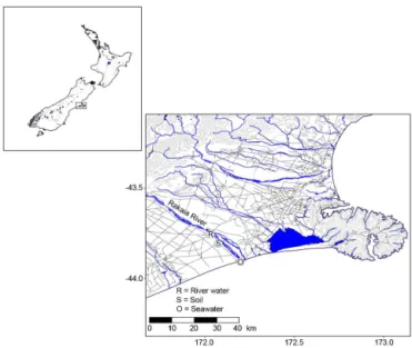 Figure 2. Overview map of the Rakaia River, South Island, New Zealand, indicating the sampling locations.