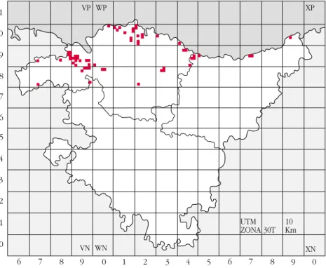 Figura 1.- Mapa de Woodwardia radicans en la Comunidad Autónoma del País Vasco. Cada cuadrado rojo representa una cuadrícula U.T.M