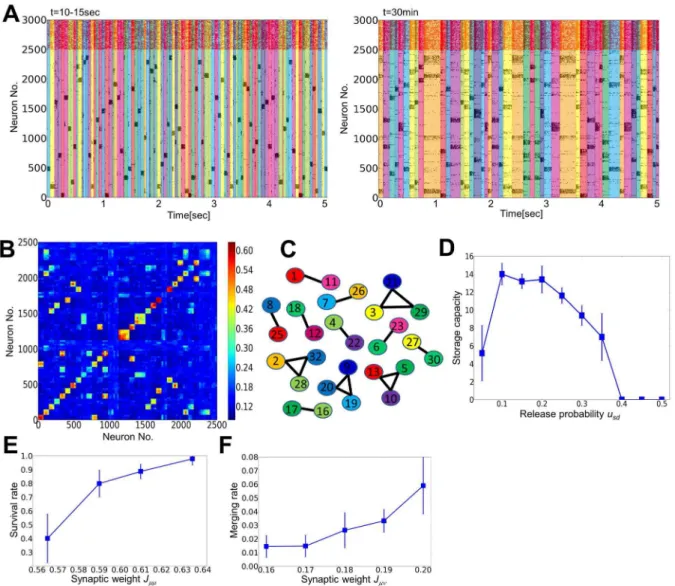 Figure 8. Merging and oblivion of cell assemblies through spontaneous activity. (A) Raster plot of spiking activity in a network embedding 32 cell assemblies