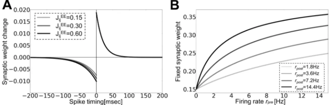 Figure 1. Rate-dependent plasticity through STDP and homeostatic plasticity. (A) Spike timing dependence of log-STDP was calculated from equation (7) for given synaptic weights (inset)