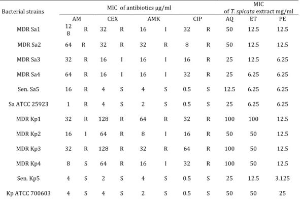 Table 1. Antibiotics and plant extract MICs 