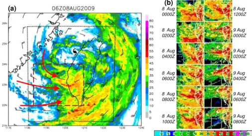 Figure 3. (a) The composite of radar VMI reflectivity (dBZ, scale on the right) near Taiwan overlaid with the ECMWF-YOTC 850 hPa horizontal winds [m s −1 , full (half) barb = 10 (5) m s −1 ] at 06:00 UTC 8 August 2009