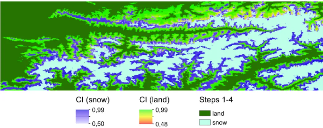 Figure 9. Fraction of reconstruction in steps 1–4 and maximum CI values for snow and land in step 5 for the study area illustrated in Fig