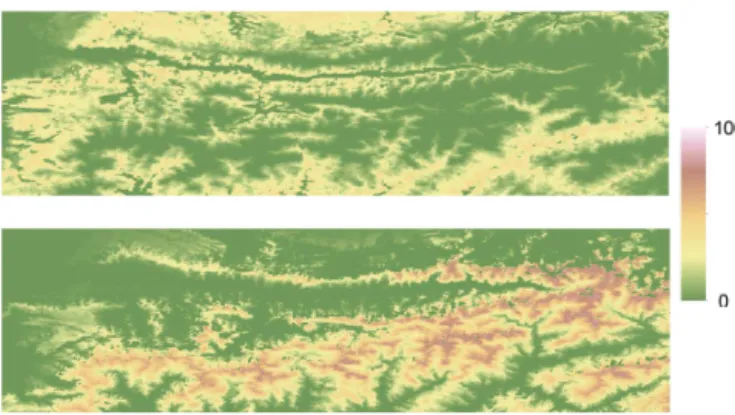 Figure 7. SPI (top) and LPI (bottom) values of each pixel (in %) in the study area defined in Fig