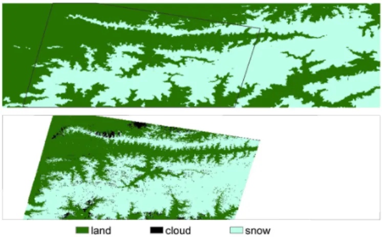 Table 4. Contingency table (in %) for the reconstructed snow-cover maps validated against four aggregated Landsat snow-cover images.