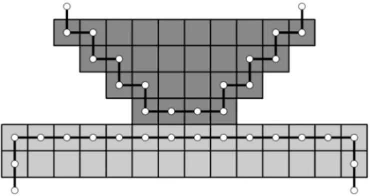 Fig. 1. Sketch of the sample (dark gray) on the substrate (gray), both represented by CVs,  where the boundary CVs are marked by open circles (grid points at the center of CVs) and  connected by a black line