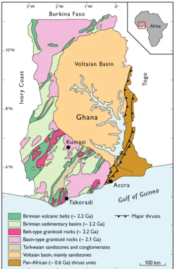 Fig. 1. Simplified geological map of Ghana, modified from Kesse (1985).