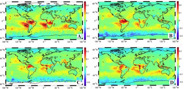 Fig. 1. Global distribution of 6-yr averaged morning minus afternoon values for liquid cloud frac- frac-tion (CF) for (A) December–February; (B) March–May; (C) June–August; and (D) September–