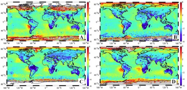 Fig. 2. Global distribution of 6-yr averaged morning minus afternoon values for liquid cloud optical thickness for (A) December–February; (B) March–May; (C) June–August; and (D) September–November.