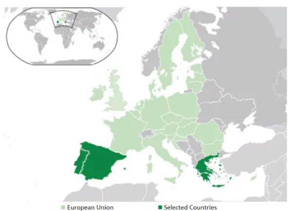 Figure 2. Location of the selected countries in Europe and in the EU 