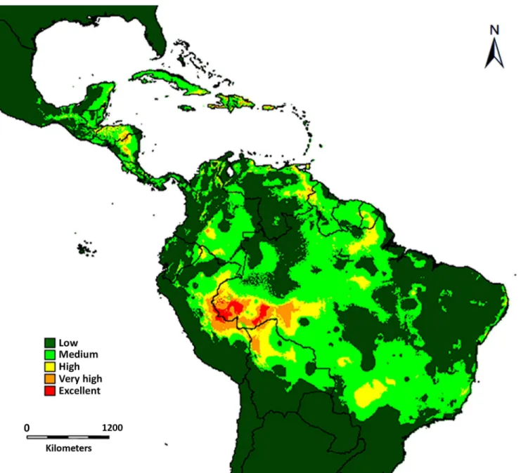 Fig 6. Range overlap between Triplaris and its obligate associate ants as predicted by DIVA-GIS