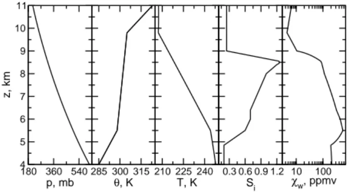 Fig. 1. Prescribed vertical profiles of potential temperature θ , air temperature T , and ice saturation ratio S i , and inferred profiles of air pressure p and H 2 O gas volume mixing ratio χ w used to  initial-ize the 7 h simulation describing the format