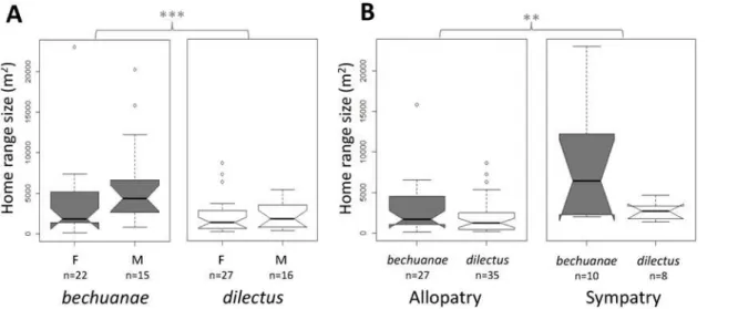 Fig 4. Home range size estimates. Home range size estimates (isopleth 0.95) across species (grey: bechuanae, white: dilectus), A: sex (F females and M males) and B: “geography” (** p &lt; 0.01, *** p &lt; 0.001 refers to Ancova results in S2 Table)