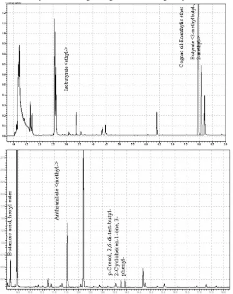 Figure 4. The identification of the differences between the composition of raw material wine (red) and 