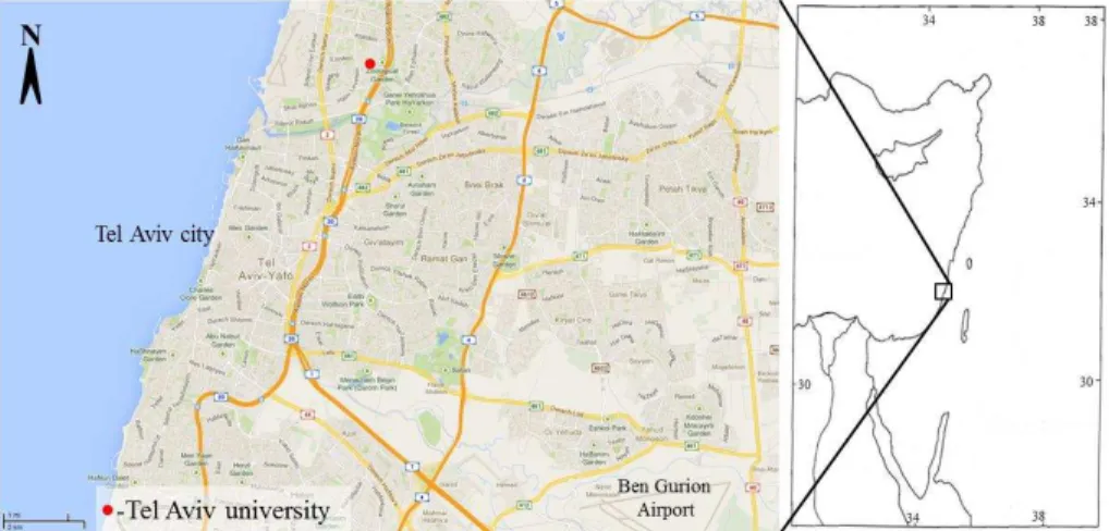 Fig. 1. Location of the sampling station at Tel Aviv University marked in red (Google map, with modification, 2012).