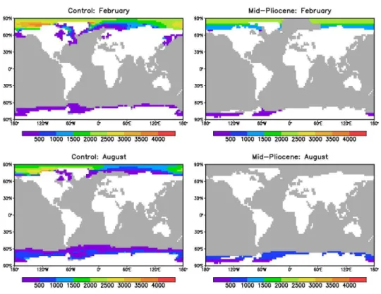 Fig. 5. Sea ice mass per unit area imposed on the AGCM during February and August for the control experiment (left side) and for the mid-Pliocene experiment (right side).
