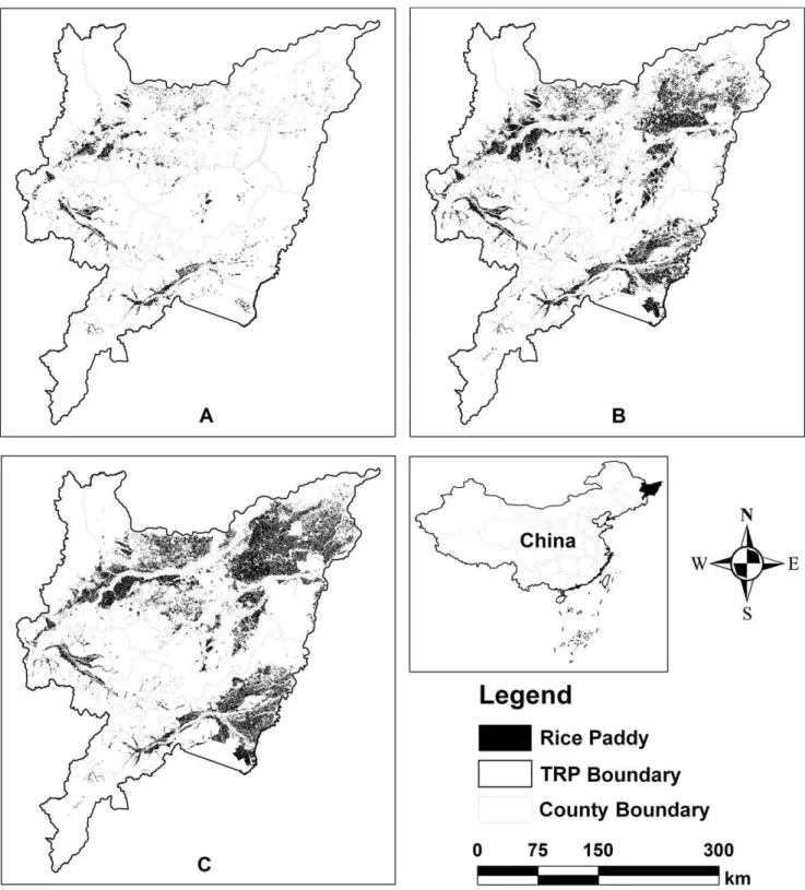 Figure 4. Rice paddies maps in the Three-Rivers Plain. (A) 1990, (B) 2000, (C) 2010.
