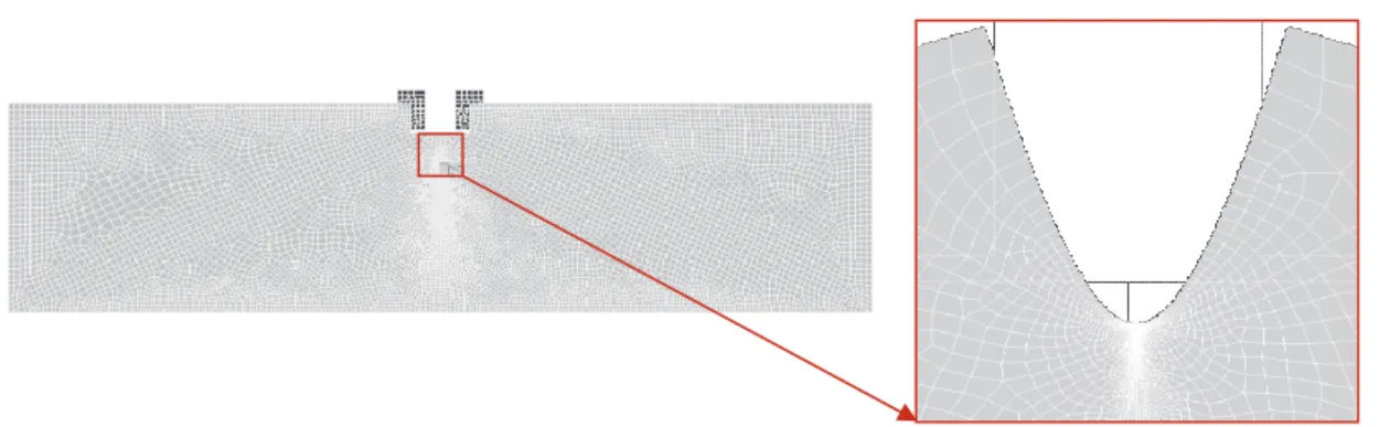 Figure 3: Example of numerical model, where boundary conditions are shown, with detail in the vicinity of the crack tip