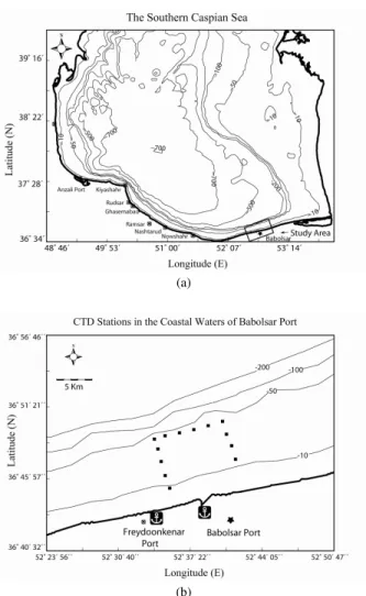 Fig. 1:  (a) Study area in the southern CS; (b) positions  of  CTD  stations,  in  the  coastal  waters  of  Babolsar port 