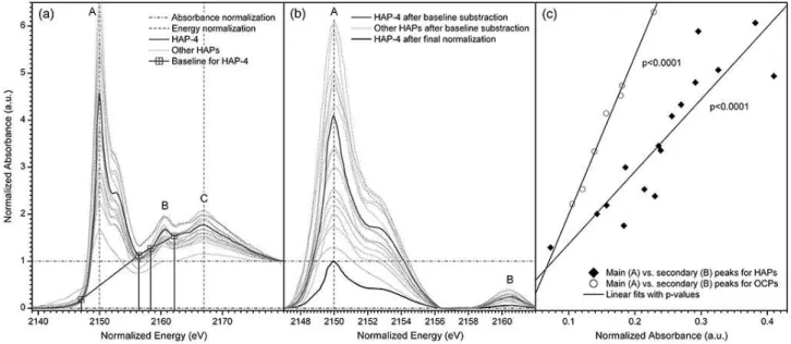 Fig. 1. Normalization procedure for collected P K-edge XANES spectra as exemplified for HAP-4 and other HAP reference materials