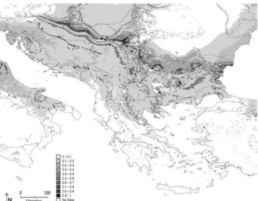 Fig. 5. Maximum entropy model developed for P. festiva on the Balkan Peninsula. Diferent shades of gray represent the percentage of  the probability of occurrence.