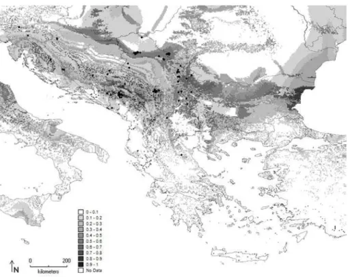 Fig. 7. Maximum entropy model developed for P. noctiluca on the Balkan Peninsula. Diferent shades of gray represent the percentage  of the probability of occurrence.