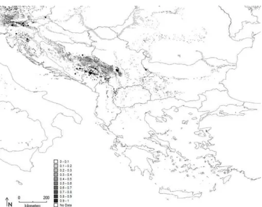 Fig. 9. Maximum entropy model developed for P. quadrimaculata on the Balkan Peninsula
