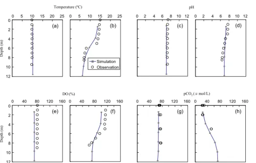 Fig. 5. Measured versus simulated vertical temperature, pH, dissolved oxygen (DO), dissolved CO 2 (pCO 2 ) profiles in Lake Mary during autumn (21 October 2006) (a, c, e, g) and spring (14 May 2007) (b, d, f, h) periods.