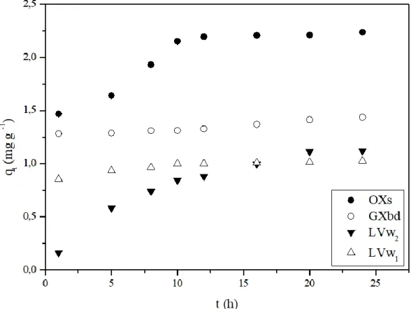 Figura 16. Quantidade adsorvida de Pb em função do tempo para os solos LVw 1 , LVw 2 ,  GXbd e OXs