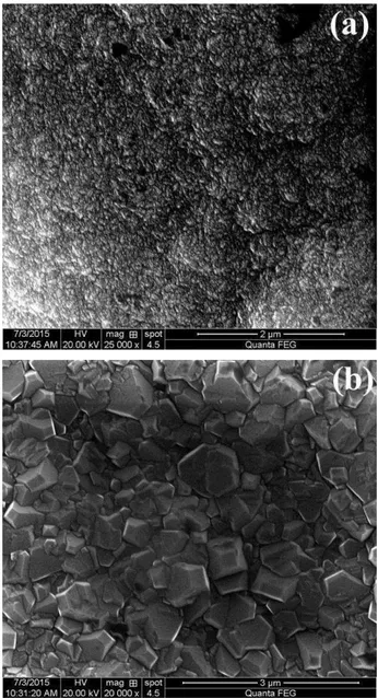Fig. 1. CVD-diamond coatings, (a) Surface morphology of  NCD coatings, (b) Surface morphology of MCD coatings