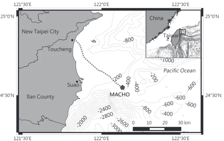 Fig 1. Location of the marine cable hosted observatory. The MACHO is connected with a land station at Toucheng Town through a 45-km-long submarine cable (dashed line).