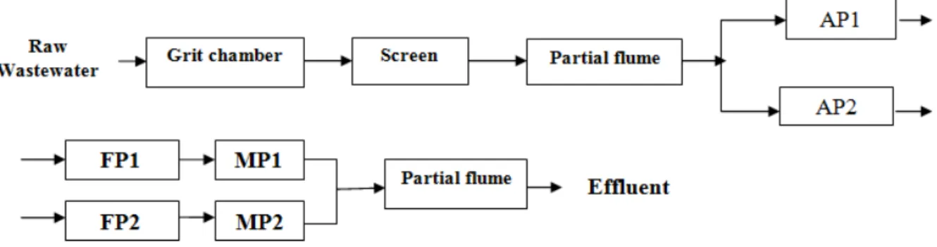 Fig. 1 Schematic flow diagram for M1 and M2 BWSP. AP=Anaerobic Pond; PF=Facultative Pond; MP=Maturation Pond 