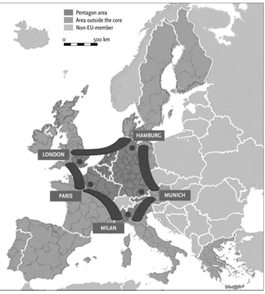 Figure 5. The London-Paris- London-Paris-Milan-München-Hamburg  Pentagon following the ESDP  (Source: Schön, 2000)