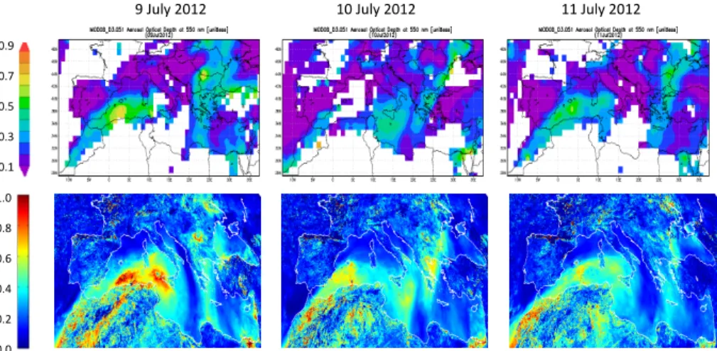 Figure 2. τ 550 nm from MODIS/Terra (top) and τ 675 nm daytime mean from MSG-SEVIRI (bottom) on 9, 10 and 11 July.