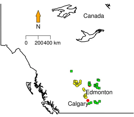 Figure 1 Sampling localities. Green squares correspond to Grassland (GL) communities and yellow tri- tri-angles represent Mixed Forest (MF).