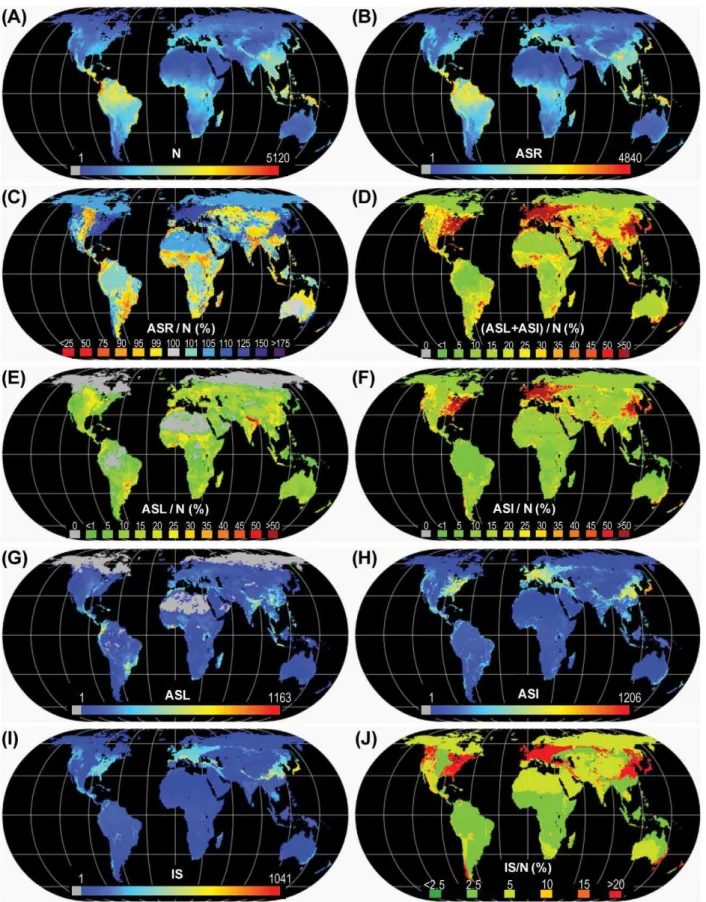 Figure 1. Global maps of (A) Native species richness ( N ), (B) Anthropogenic species richness ( ASR ), (C) Anthropogenic species richness ( ASR ) relative to N , (D) total anthropogenic species loss ( ASL ) + anthropogenic species increase ( ASI ) relativ