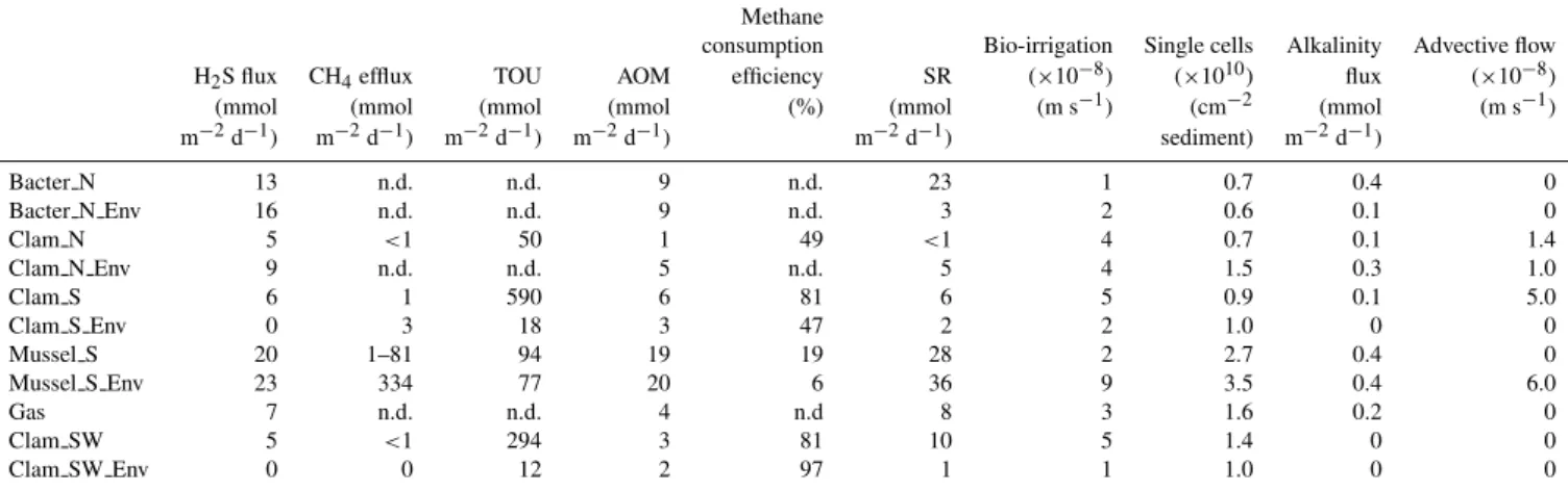 Table 2. Biogeochemical characterization of different habitats at REGAB. Maximum H 2 S flux in the sediment, CH 4 efflux, total oxygen uptake (TOU), average integrated (0–10 cm sediment depth) anaerobic oxidation of methane (AOM) and sulphate reduction (SR