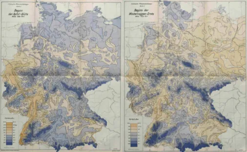 Fig. 1. Start of flowering of apple trees (left); begin of winter rye harvest (right) between 1936 and 1944 in Germany (1:2’000’000) by Schnelle (1955).