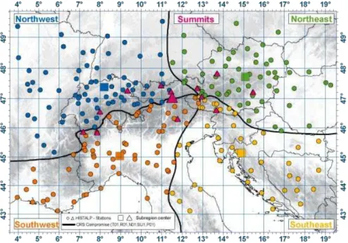 Fig. 6. HISTALP temperature anomalies from 1901–2000 averages; (Auer et al., 2007) blue dots (northwest stations); green dots (northeast stations); orange dots (southeast stations); red dots (southwest stations).