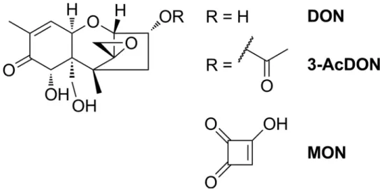 Fig 1. Chemical structures of deoxynivalenol (DON), 3-acetyldeoxynivalenol (3-AcDON) and moniliformin (MON).